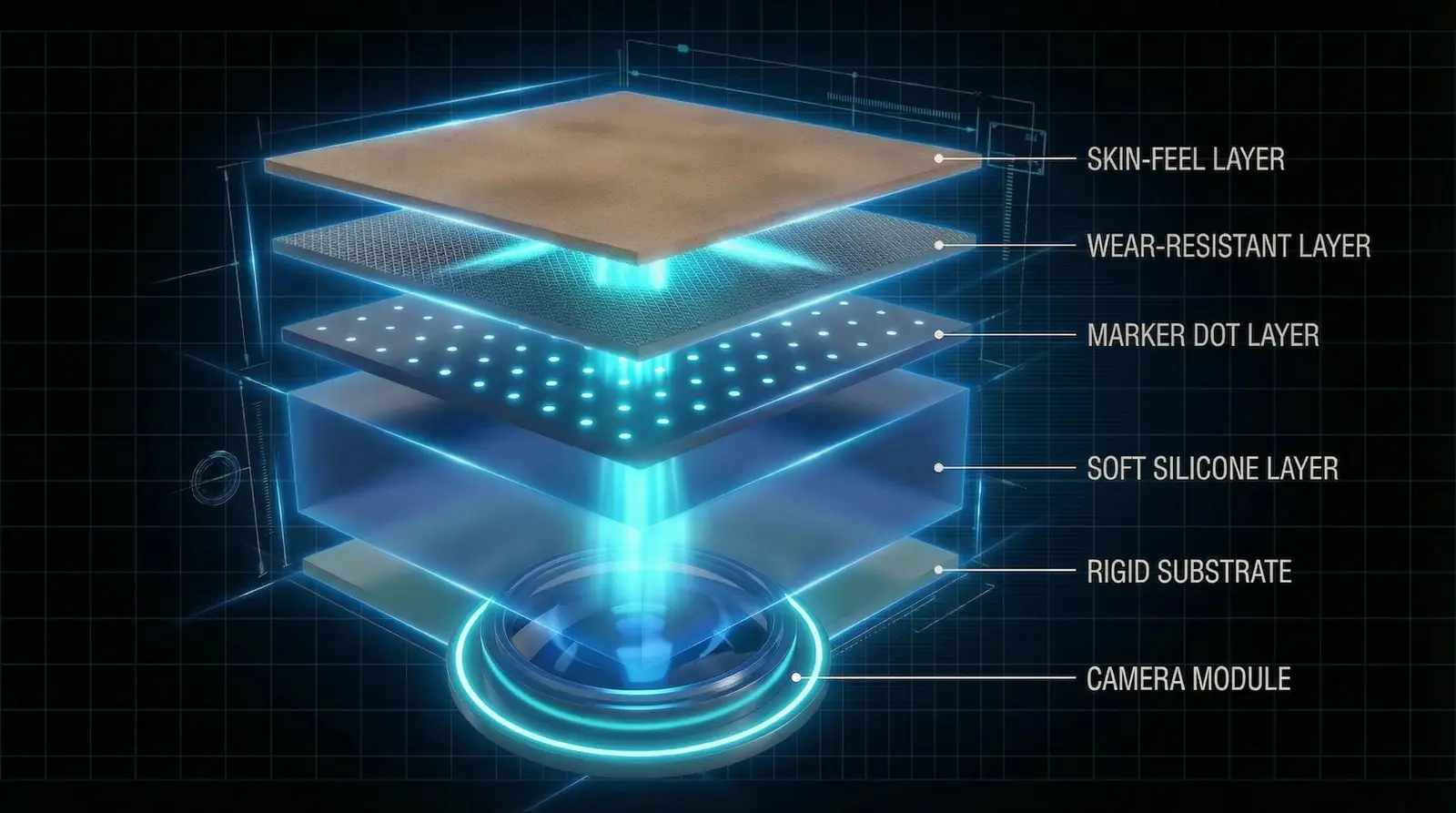 Exploded view of a visuotactile sensor skin: skin-feel layer, wear-resistant layer, marker layer, soft silicone layer, rigid substrate and camera module
