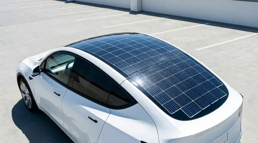 Concept illustration: a large lightweight flexible PV module laminated flat across the roof of a white electric car, cell grid visible